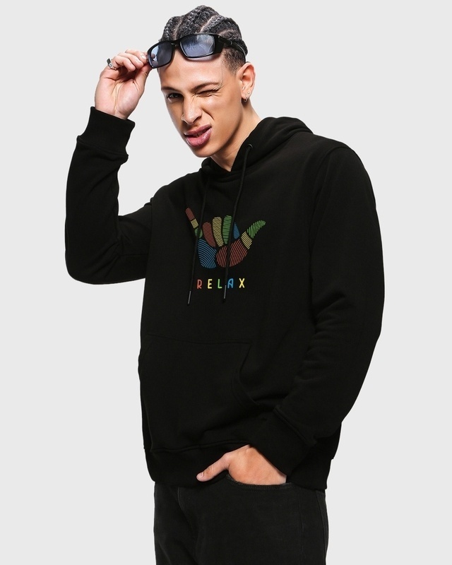 Shop Men's Black Relax Graphic Printed Hoodie-Front