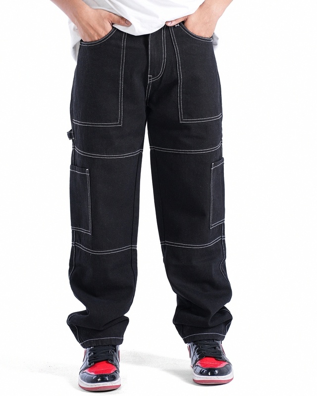 Shop Men's Black Relaxed Fit Cargo Carpenter Jeans-Front