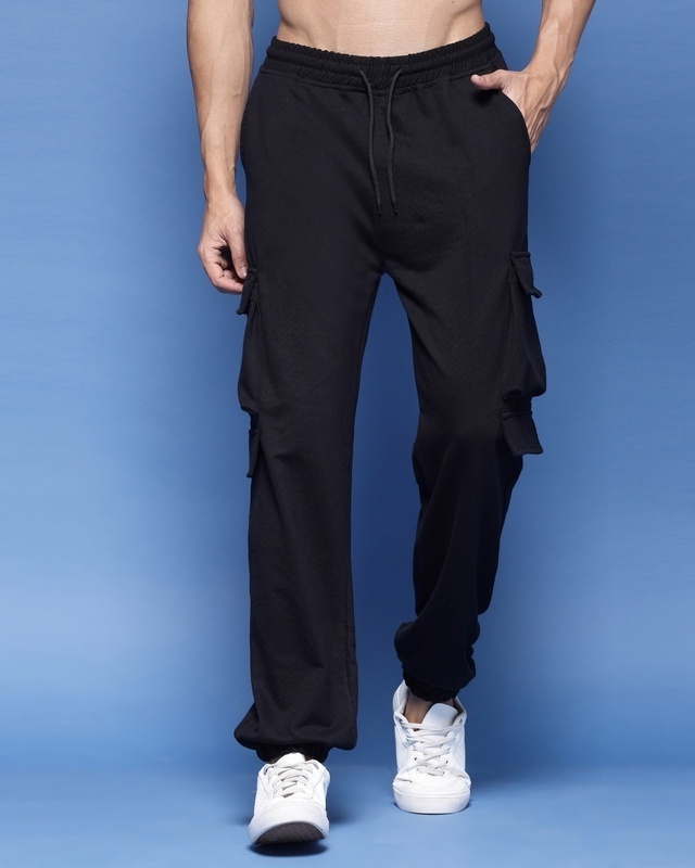 Shop Men's Black Relaxed Fit Cargo Joggers-Front
