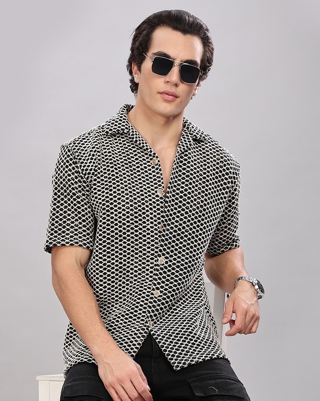 Men's Black Relaxed Fit Crochet Shirt