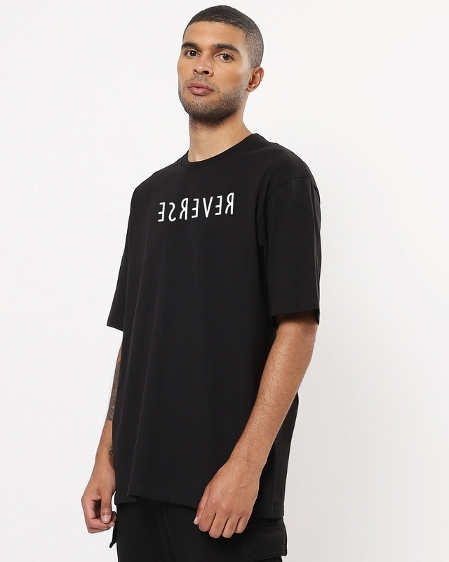 Shop Men's Black Reverse Typography Oversized T-shirt-Front