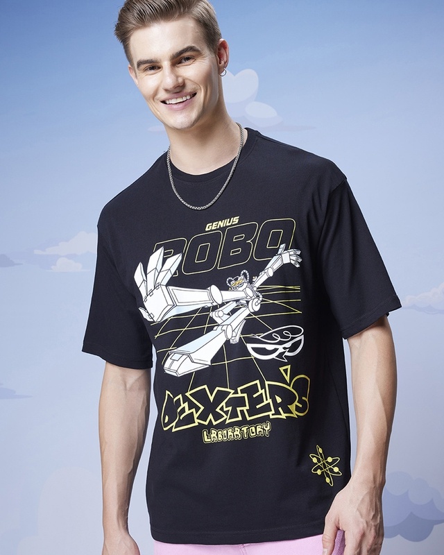 Men's Black Robodex Graphic Printed Oversized T-shirt