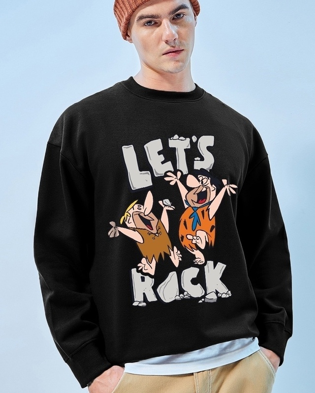 Men's Black Rock N Roll Graphic Printed Oversized Sweatshirt