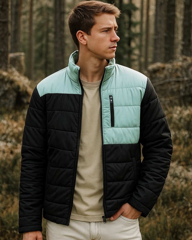 Shop Men's Black & Sage Color Block Oversized Puffer Jacket-Front