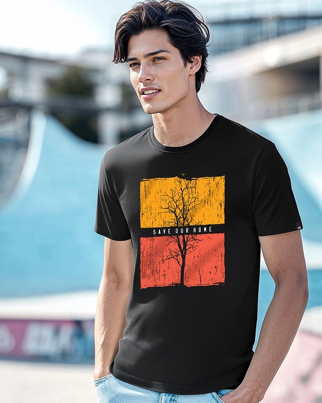 Men's Black Save Our Home Graphic Printed T-shirt