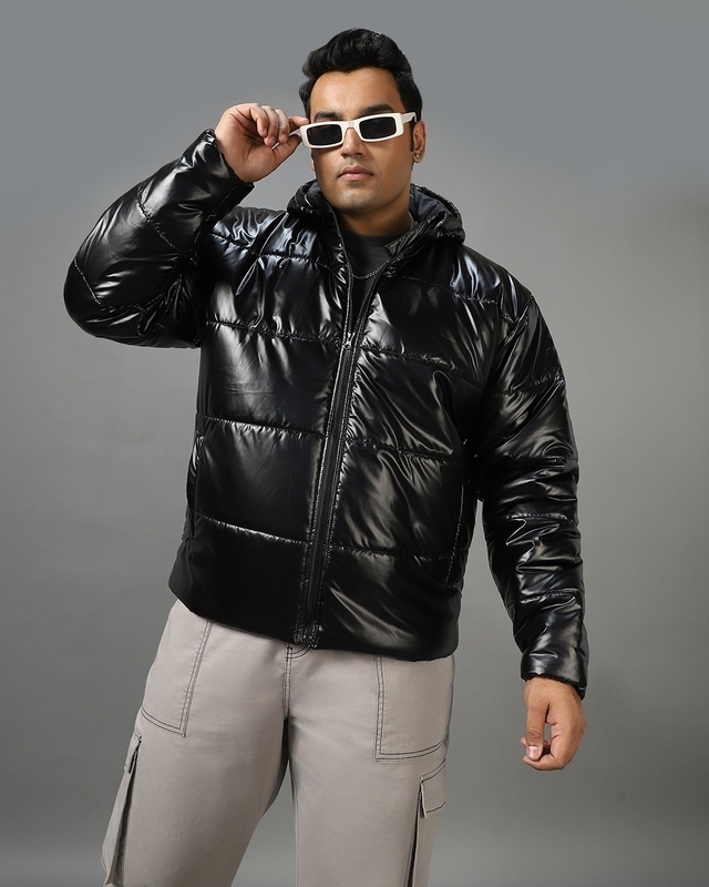 Shop Men's Black Shine Graphic Printed Oversized Plus Size Puffer Jacket-Front