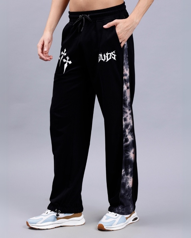 Shop Men's Black Side Panel Relaxed Fit Track Pants-Front