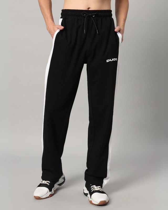 Shop Men's Black Side Panel Relaxed Fit Trackpants-Front