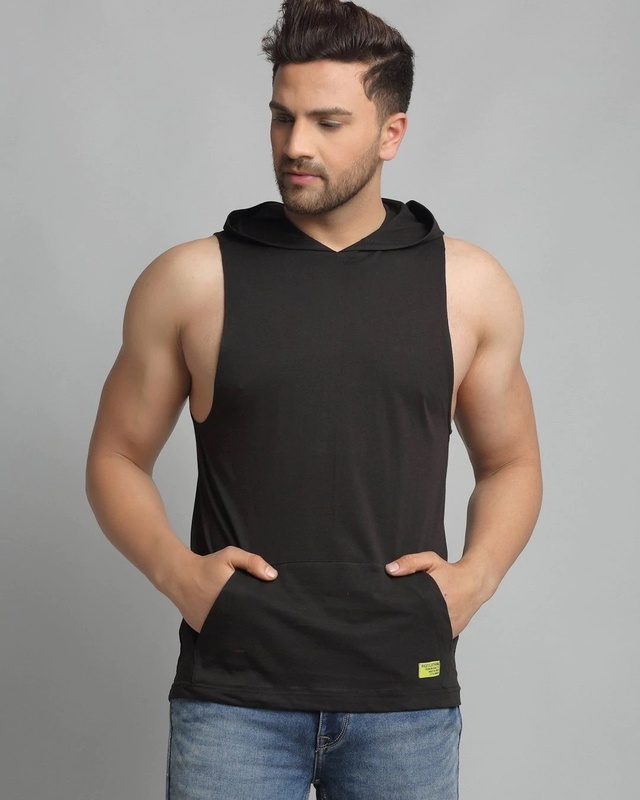 Shop Men's Black Sleeveless Hoodie T-shirt-Front