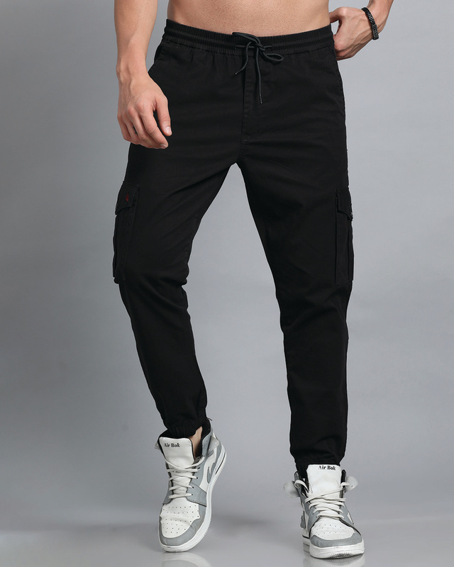 Shop Men's Black Slim Fit Cargo Joggers-Front