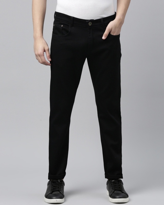 Shop Men's Black Slim Fit Mid-Rise Jeans-Front