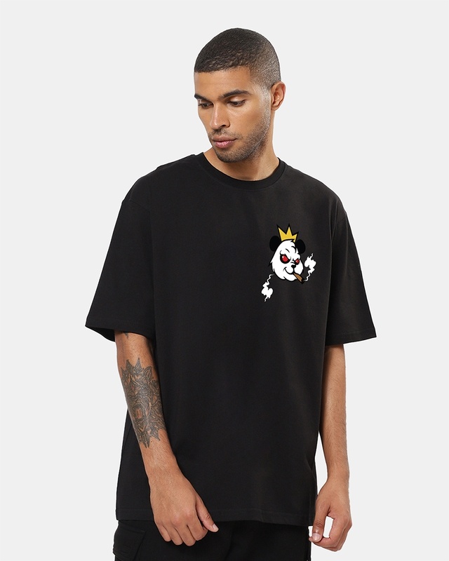 Shop Men's Black Smoking Panda Graphic Printed Oversized T-shirt-Front