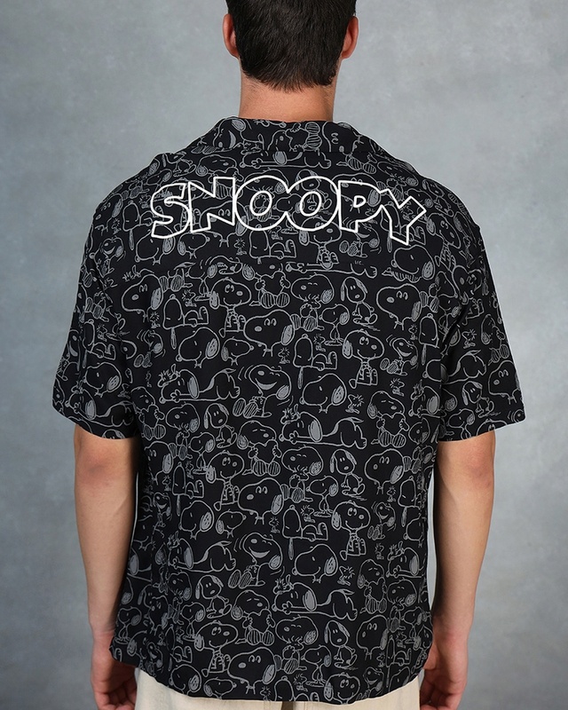 Shop Men's Black Snoopy All Over Printed Oversized Shirt-Front