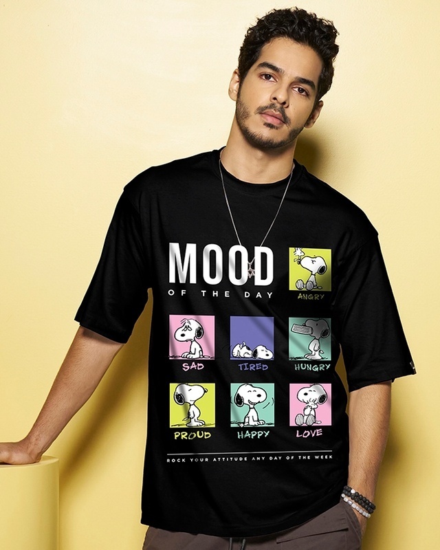 Shop Men's Black Snoopy Mood Graphic Printed Oversized T-shirt-Front