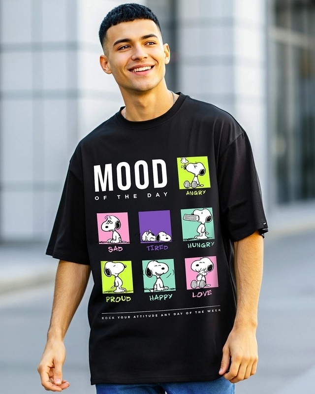 Shop Men's Black Snoopy Mood Graphic Printed Oversized T-shirt-Front