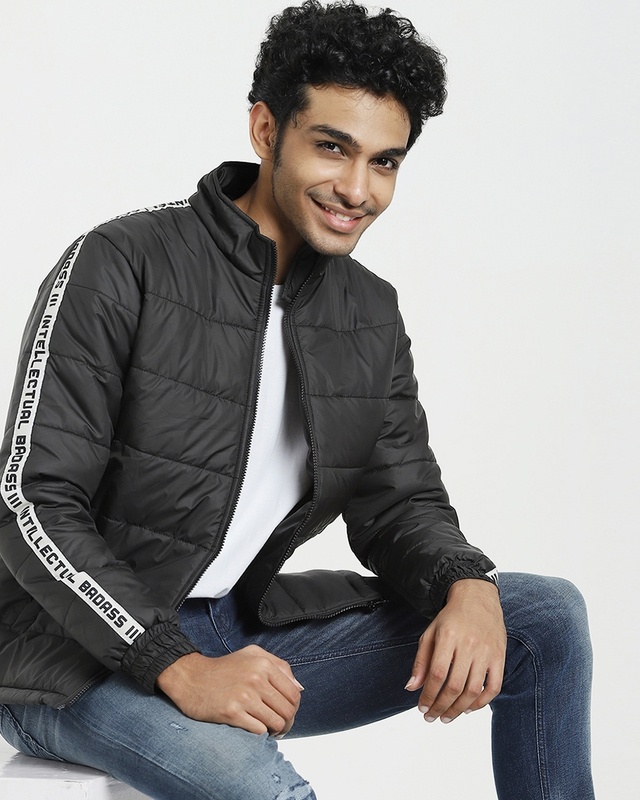 Shop Men's Black Typography Puffer Jacket-Front