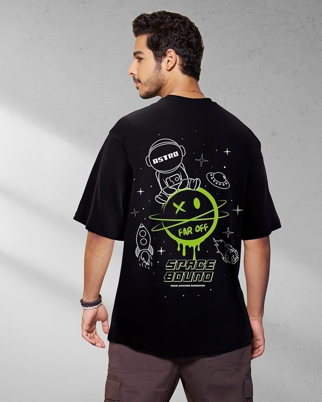 Shop Men's Black Space Bound Graphic Printed Oversized T-shirt-Front