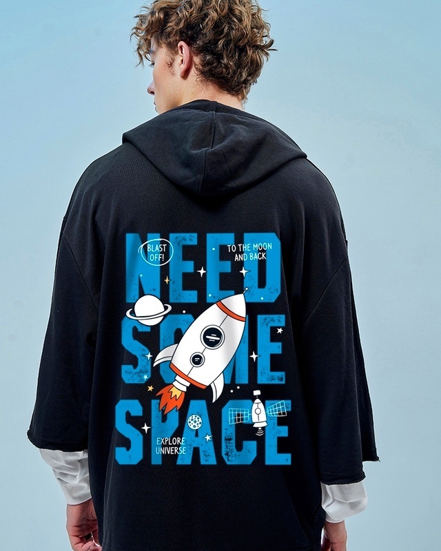 Shop Men's Black Space Graphic Printed Super Loose Fit Hoodies-Front