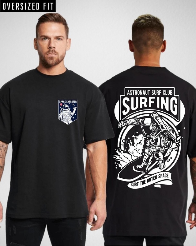 Shop Men's Black Space Surfing Graphic Printed Oversized T-shirt-Front