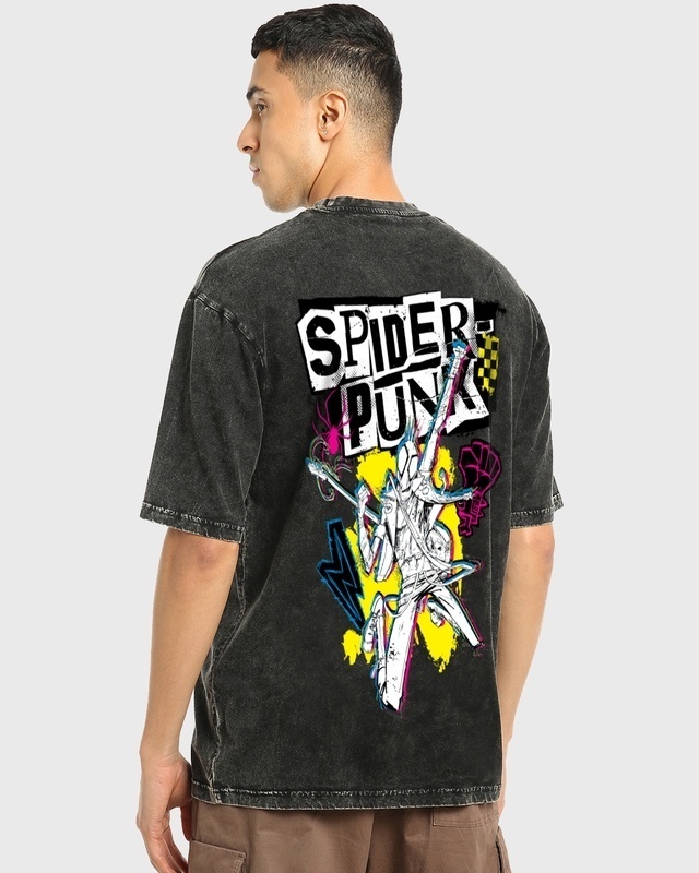 Shop Men's Black Spiderman Punk Edition Graphic Printed Oversized Acid Wash T-shirt-Front