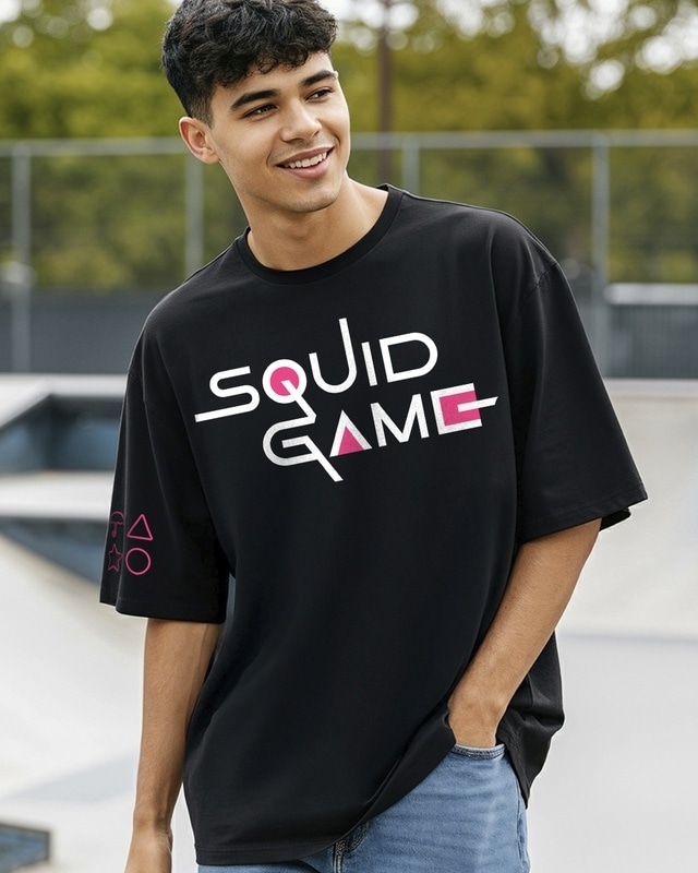 Shop Men's Black Squid Game Graphic Printed Oversized T-shirt-Front