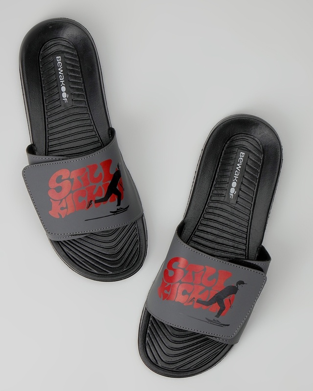 Shop Men's Black Still Kickin Printed Velcro Sliders-Front