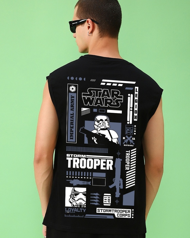 Shop Men's Black Storm Trooper Graphic Printed Oversized Vest-Front