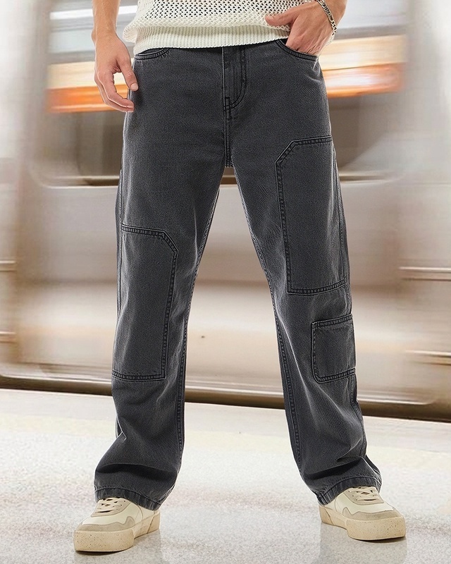 Shop Men's Black Straight Fit Cargo Jeans-Front