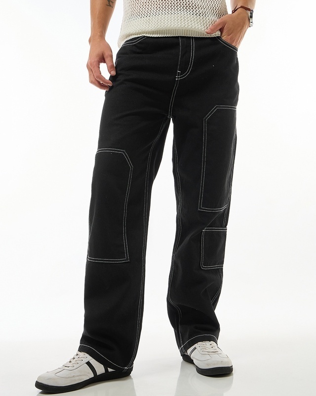 Shop Men's Black Straight Fit Cargo Jeans-Front