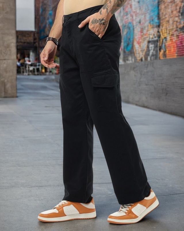Shop Men's Black Straight Fit Cargo Pants-Front