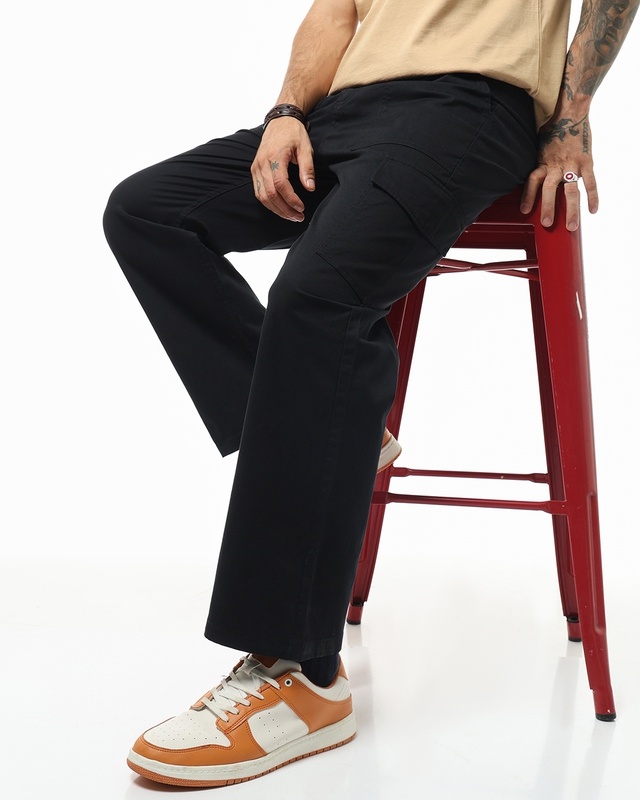 Shop Men's Black Straight Fit Cargo Pants-Front