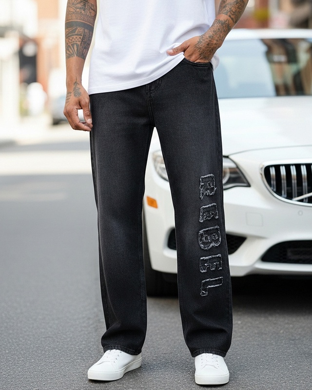 Shop Men's Black Applique Straight Fit Washed Mid-Rise Jeans-Front