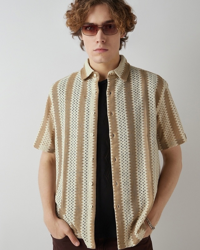 Shop Men's Beige & Brown Textured Oversized Shirt-Front