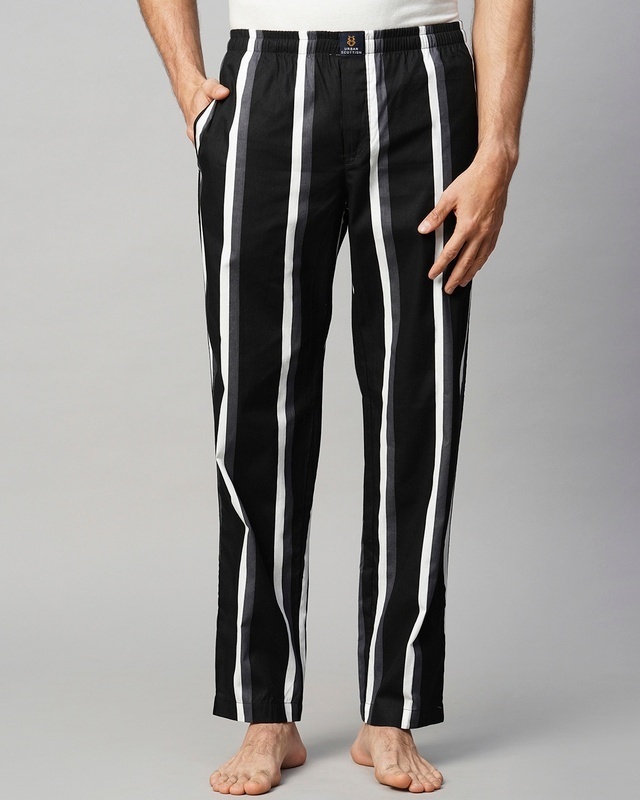 Shop Men's Black & White Striped Pyjamas-Front
