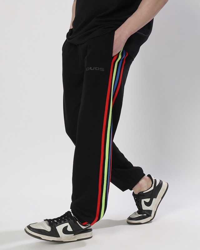 Shop Men's Black Striped Relaxed Fit Joggers-Front