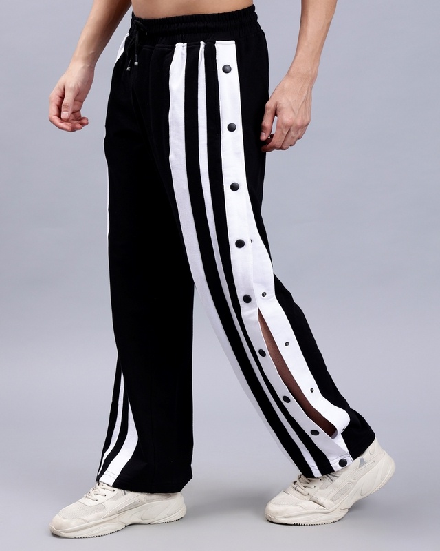 Shop Men's Black & White Striped Relaxed Fit Track Pants-Front