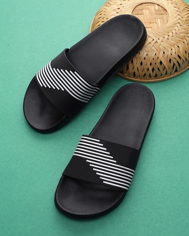 Shop Men's Black Striped Sliders-Front