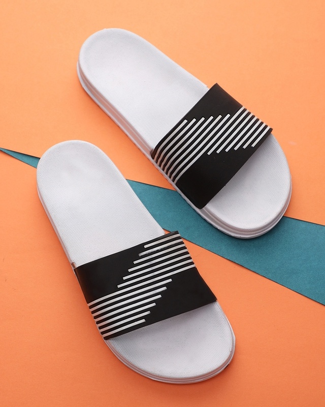 Shop Men's Black Striped Sliders-Front