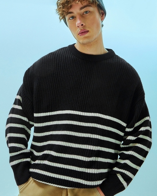 Shop Men's Black Striped Super Loose Fit Flat Knit Sweater-Front