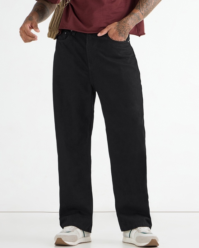 Shop Men's Black Baggy Fit Mid-Rise Jeans-Front