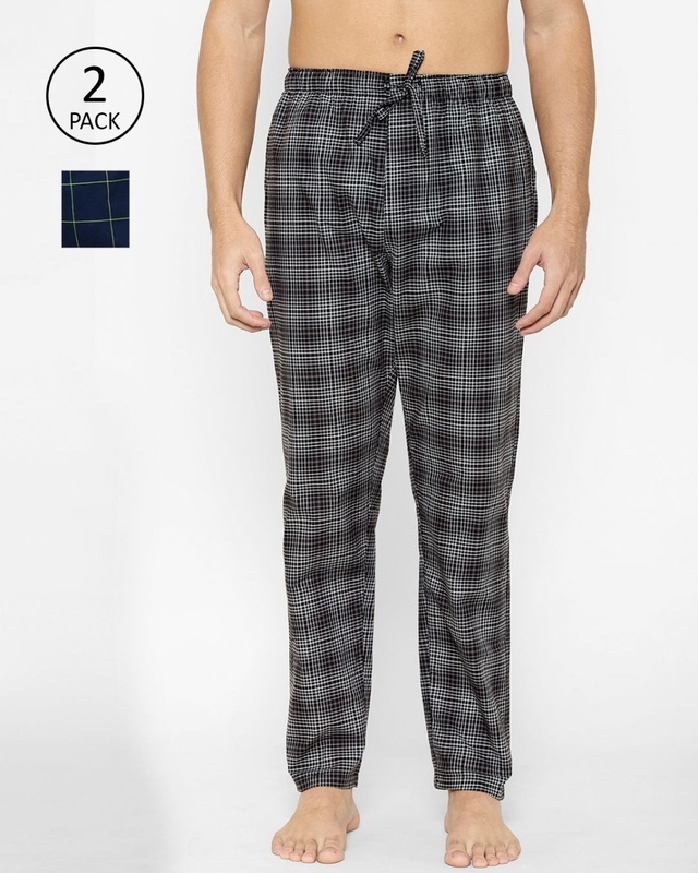 Shop Men's Black Super Combed Cotton Checkered Pyjama (Pack of 2)-Front
