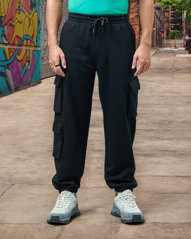 Shop Men's Black Super Loose Fit Brushed Cargo Joggers-Front
