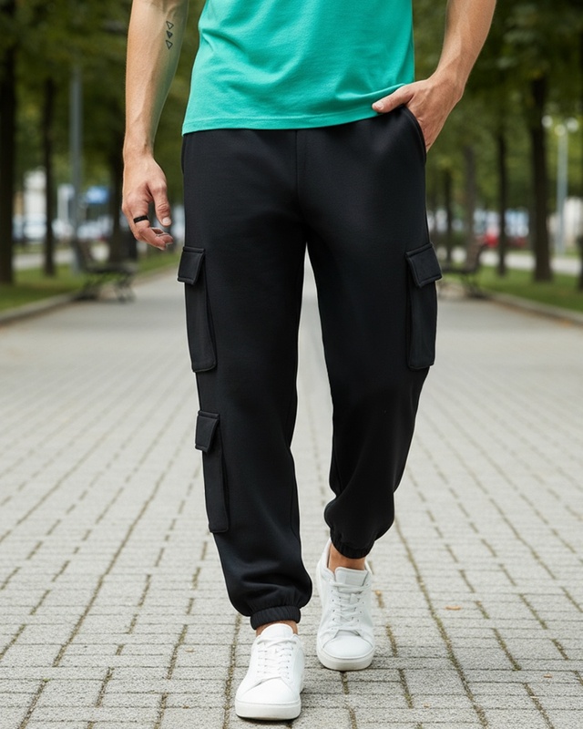 Shop Men's Black Super Loose Fit Brushed Cargo Joggers-Front