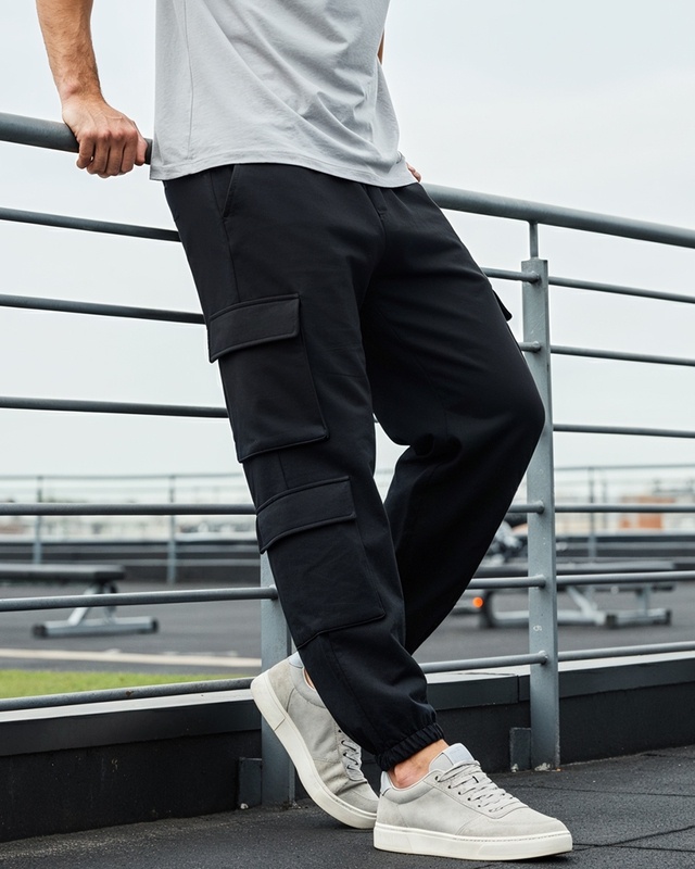 Shop Men's Black Super Loose Fit Brushed Cargo Joggers-Front