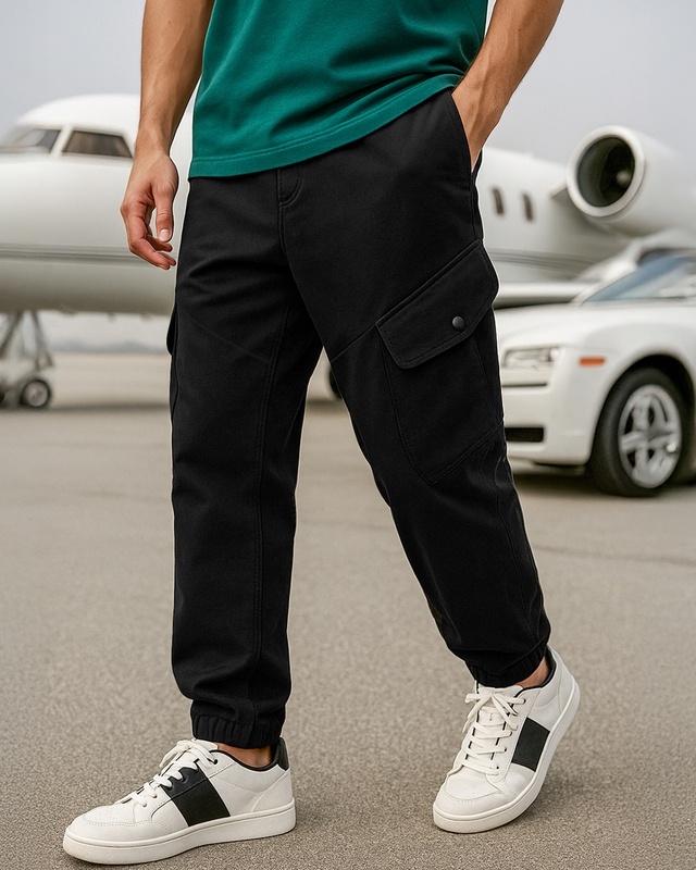 Shop Men's Black Super Loose Fit Cargo Joggers-Front