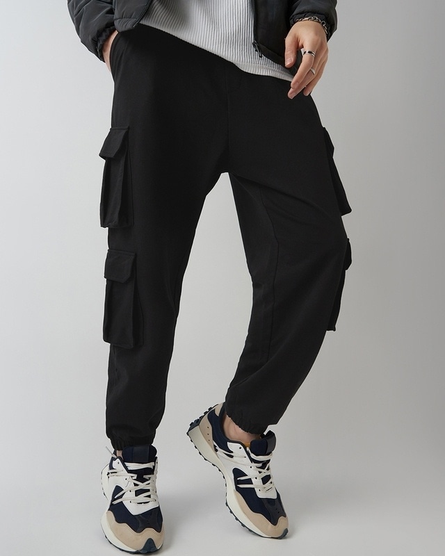 Shop Men's Black Super Loose Fit Cargo Joggers-Front