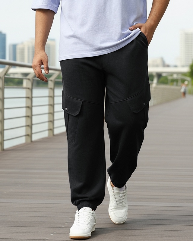 Shop Men's Black Super Loose Fit Plus Size Cargo Warm Joggers-Front