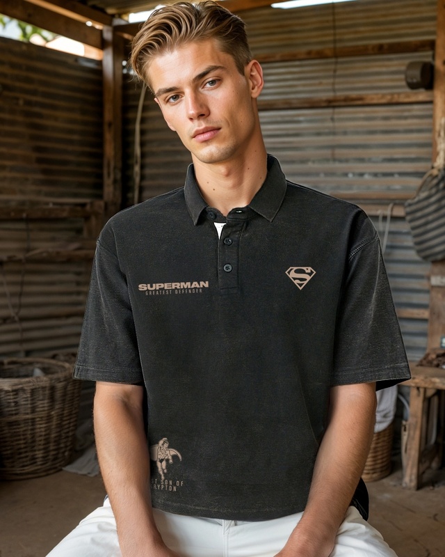 Shop Men's Black Superman Graphic Printed Oversized Acid Wash Polo T-shirt-Front