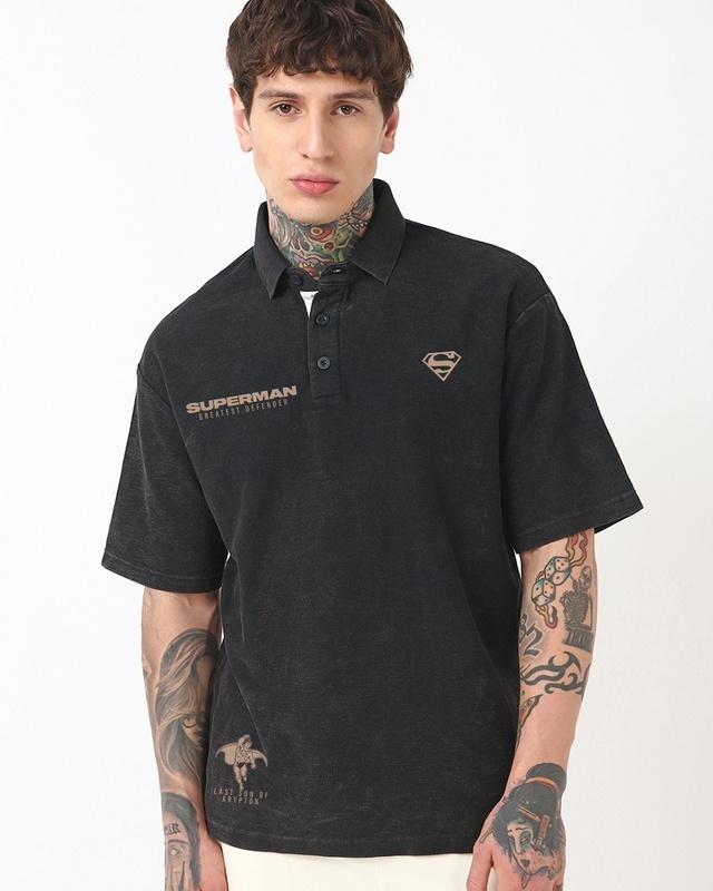 Men's Black Superman Graphic Printed Oversized Acid Wash Polo T-shirt