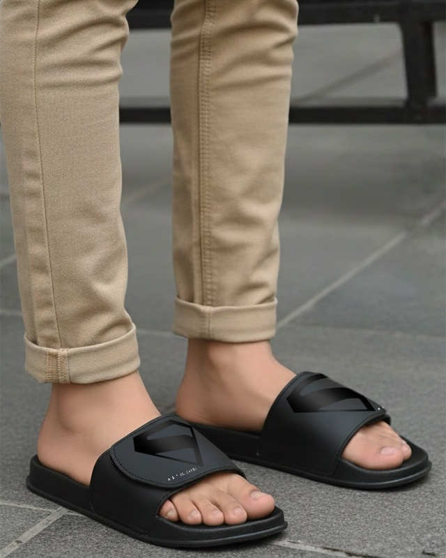 Shop Men's Black Superman Shadow Printed Velcro Sliders-Front